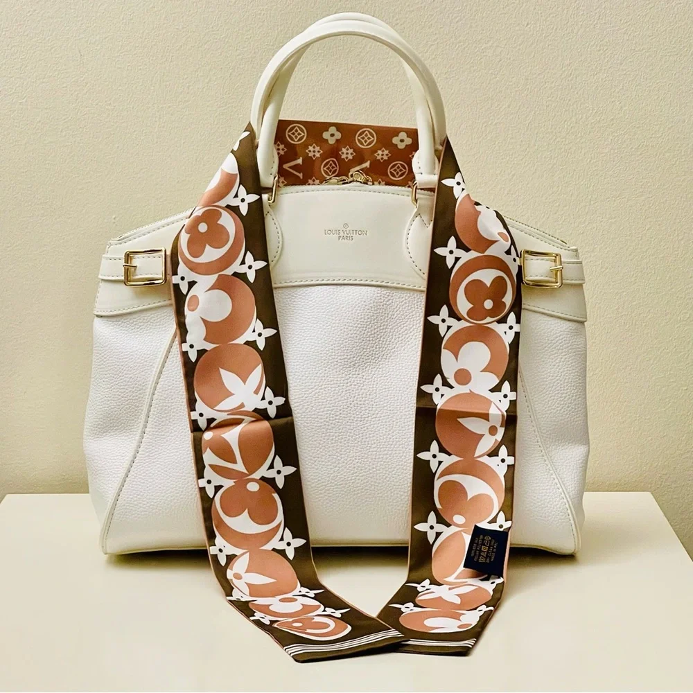 Big Twilly: Luxe Silk Twilly Scarf - Brown & Cream Monogram Print
